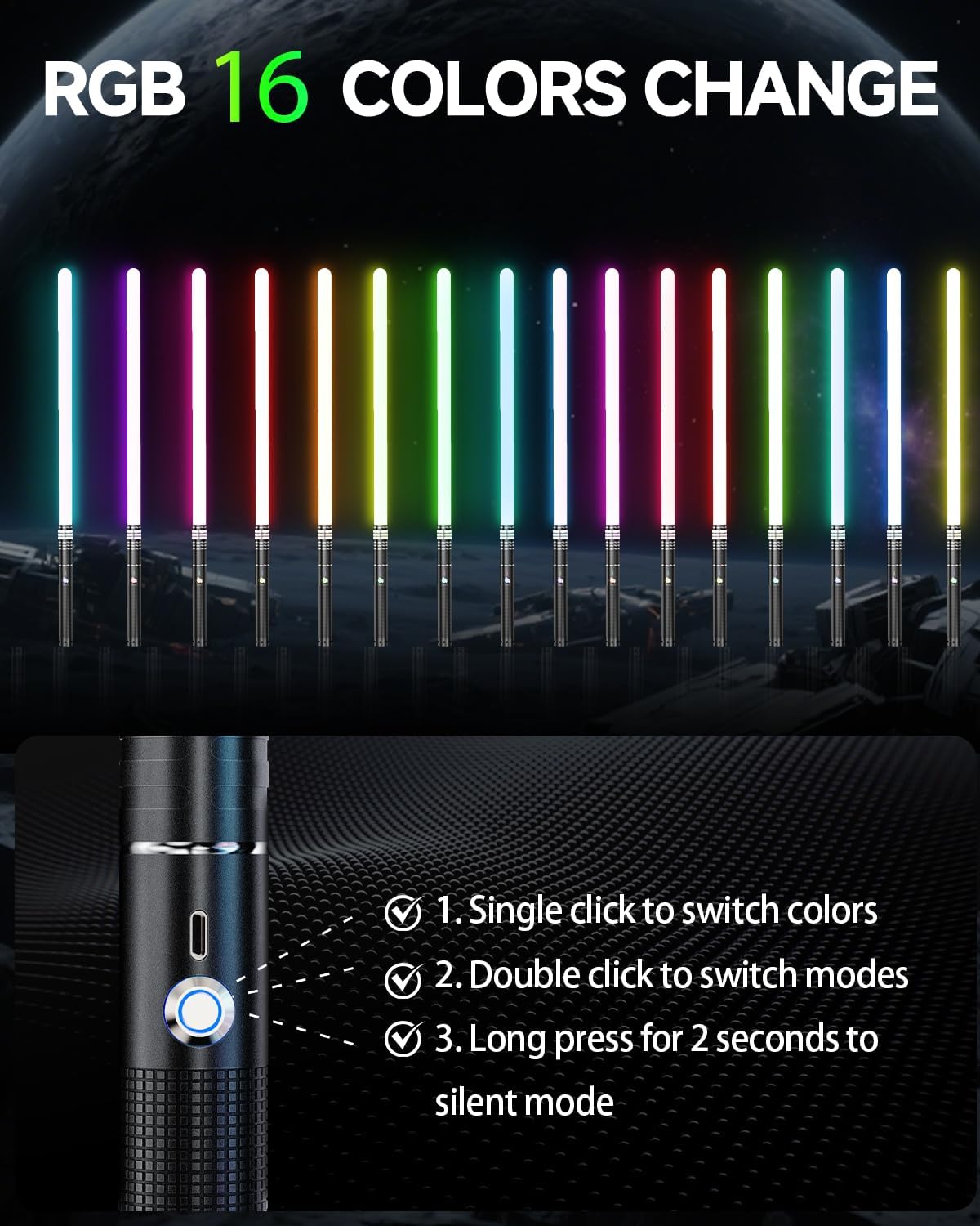 Thumbnail 1 de Lichtschwert 2 in 1 Duell – USB-Aufladbares Doppel-Laserschwert mit 16 RGB-Farben, 4 Sounds, Aluminiumgriff (Schwarz-B)