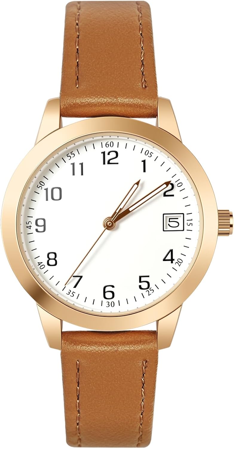Detalle de OFFCUP Damenuhr Leder – Quarz-Armbanduhr mit Datum, 32 mm Zifferblatt, Lederarmband