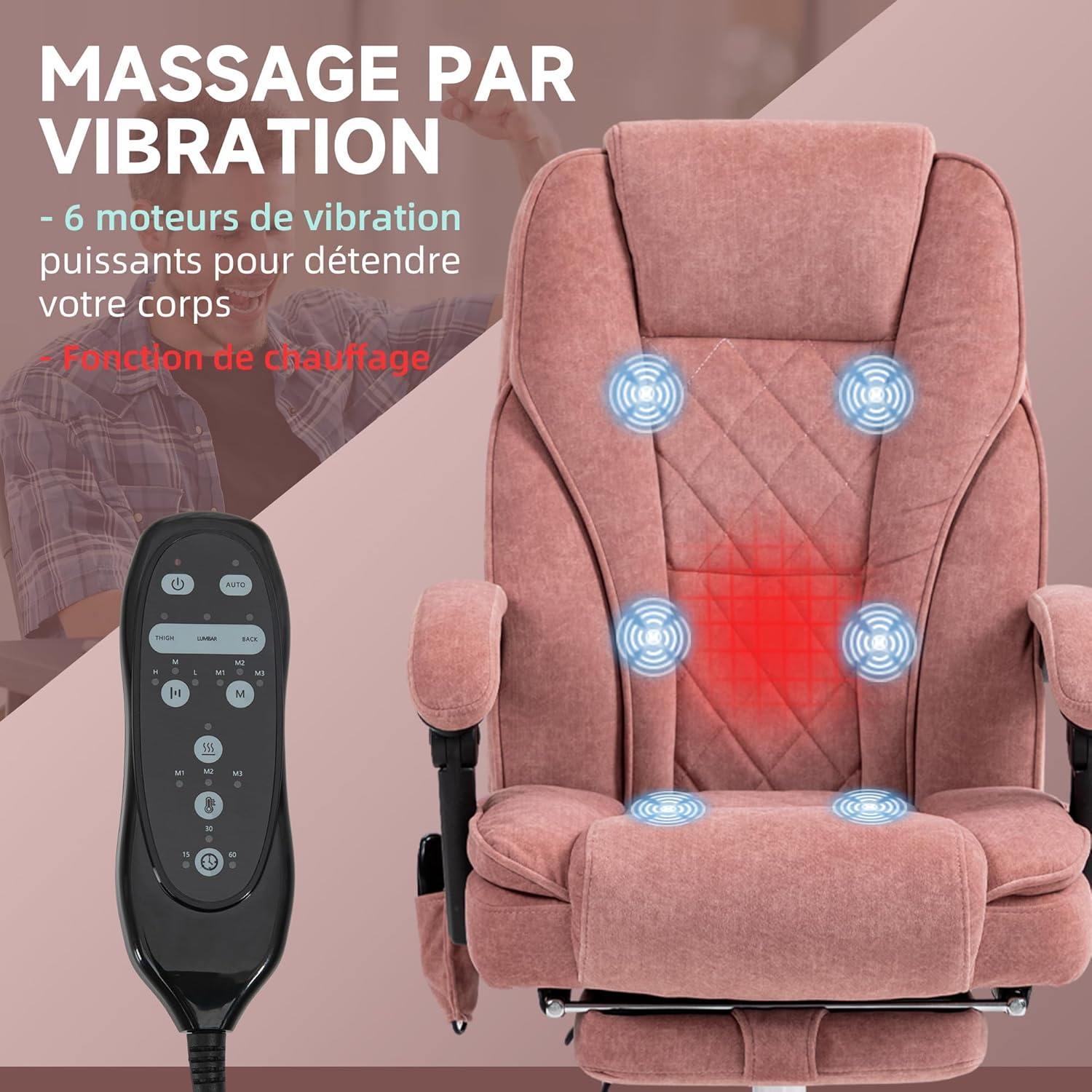Detalle 2 de Vinsetto Fauteuil de Bureau massant 135° Rose