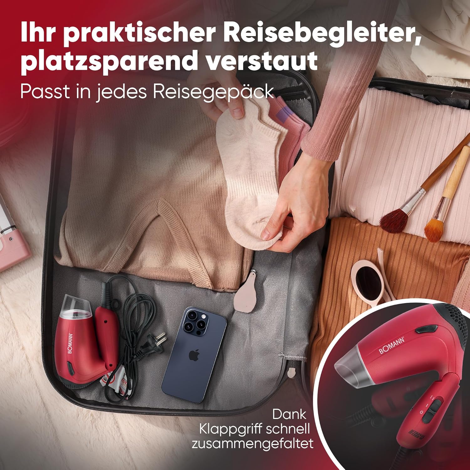 Detalle de Bomann Haartrockner klappbar HTD 8005 CB – 1200 W Reisehaartrockner, 110/230 V, inkl. Diffusor und Tasche