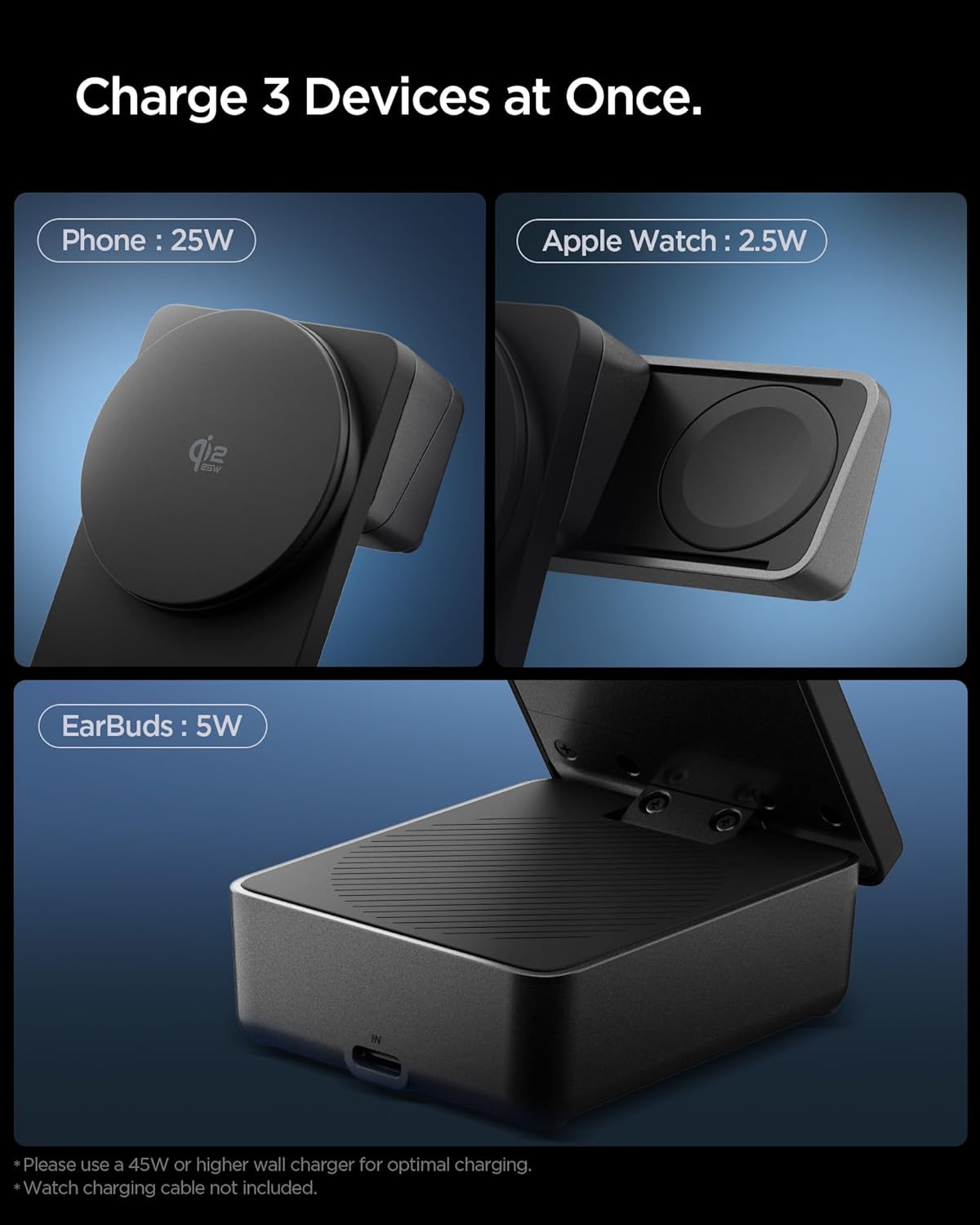 Thumbnail 2 de Spigen Essential Qi2.2 25W Chargeur sans fil MagSafe 3-en-1 (avec câble USB-C 2 m) Station de charge pour iPhone, AirPods et Apple Watch