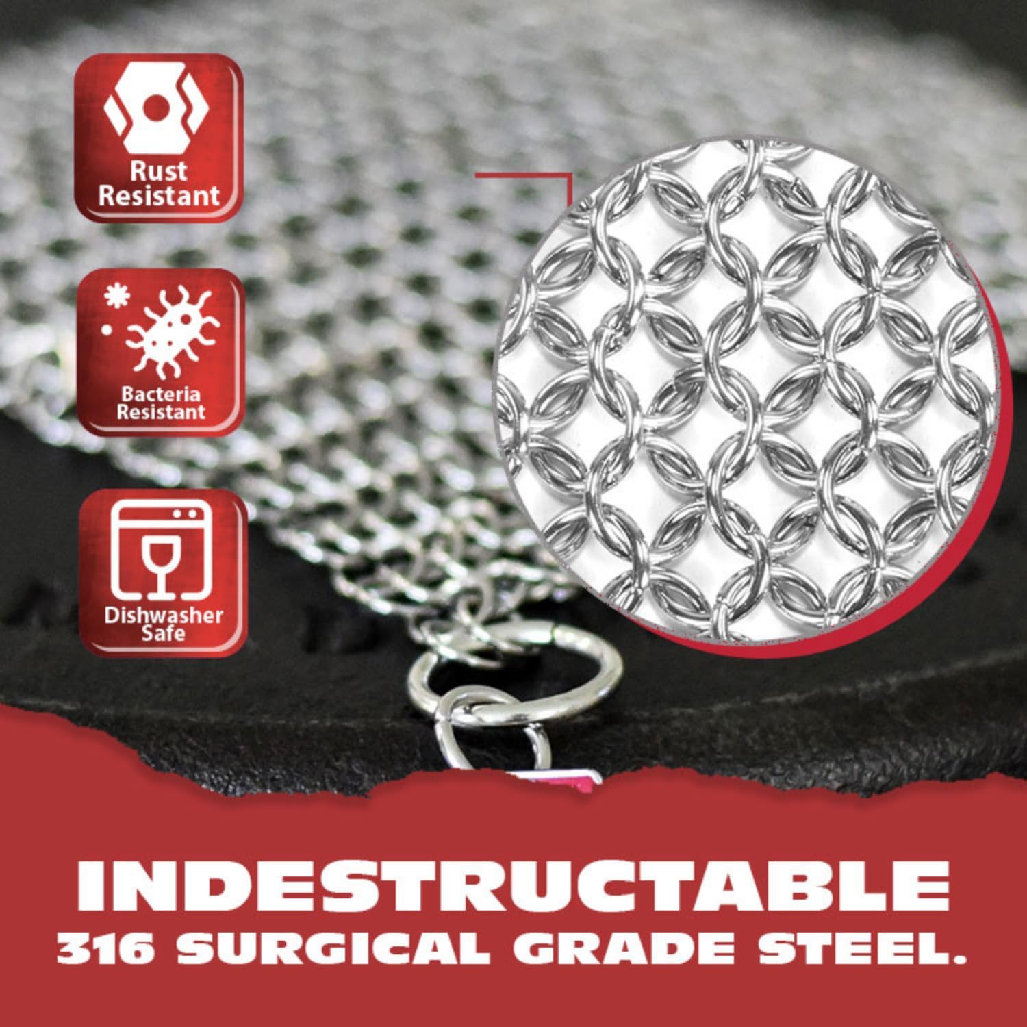 Detalle 1 de CM SCRUBBER 9" x 6" Chainmail Cast Iron Scrubber, 316 Stainless Steel