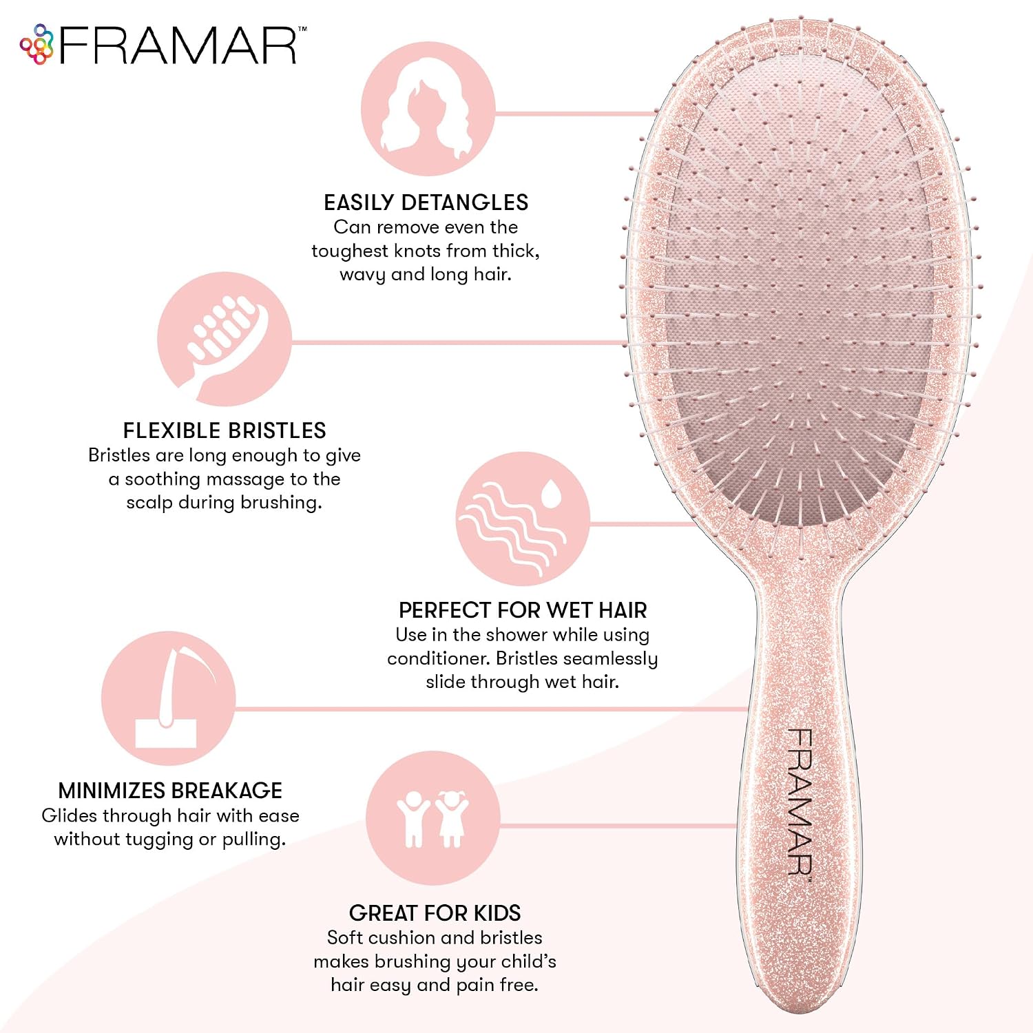 Detalle de FRAMAR Glitter Hair Brush Detangler - Rose