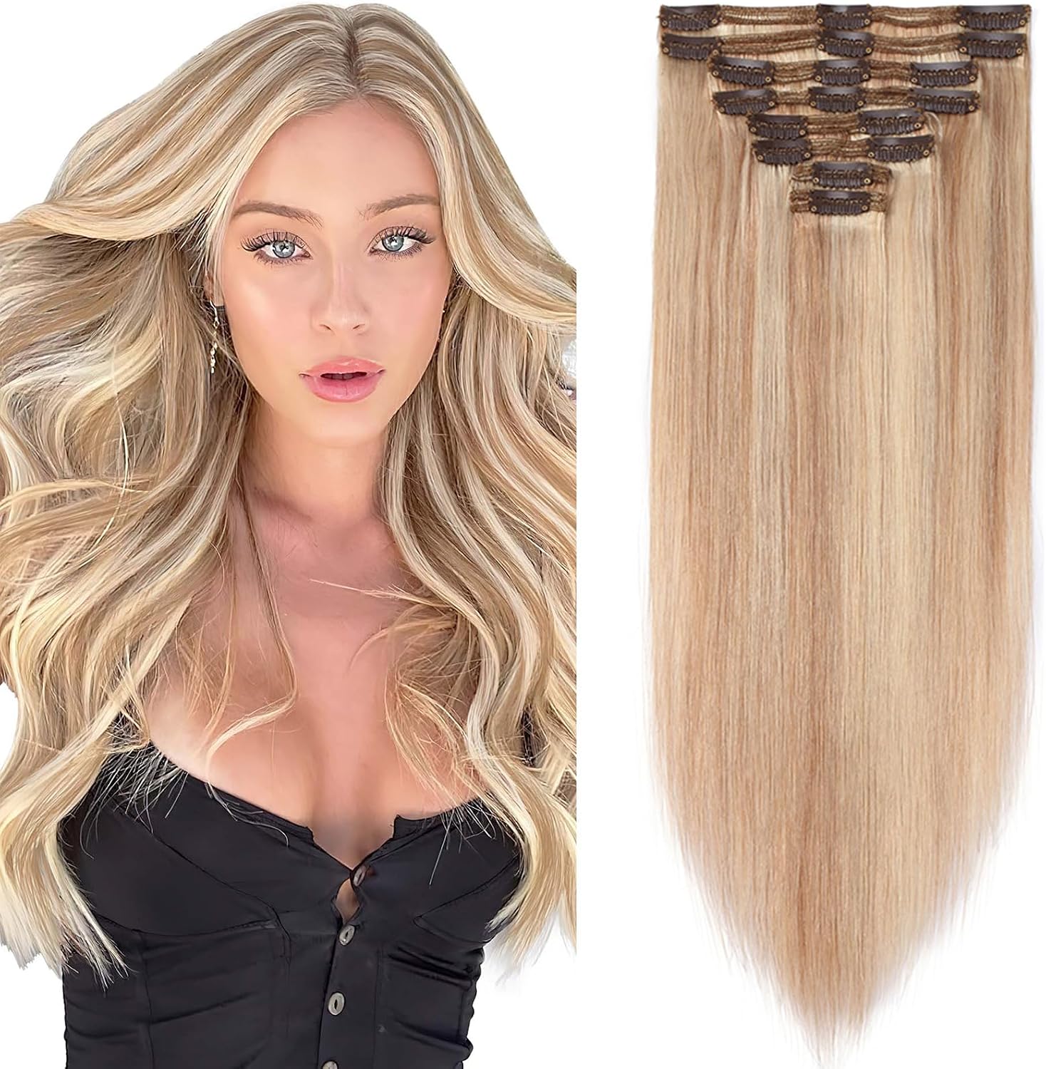 Detalle de SEGO Extension Clip Capelli Veri Volumizzante Set da 8 Fasce – Remy Double Weft, 50 cm, 140 g