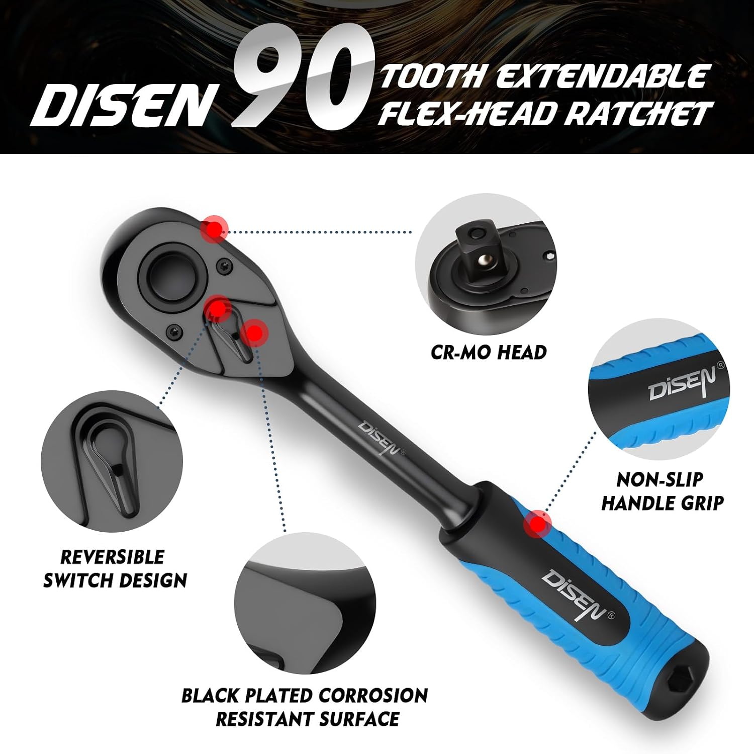 Detalle de DISEN 3-Piece Black Ratchet Set (1/2", 3/8", 1/4" Drive) with 90-Tooth Mechanism