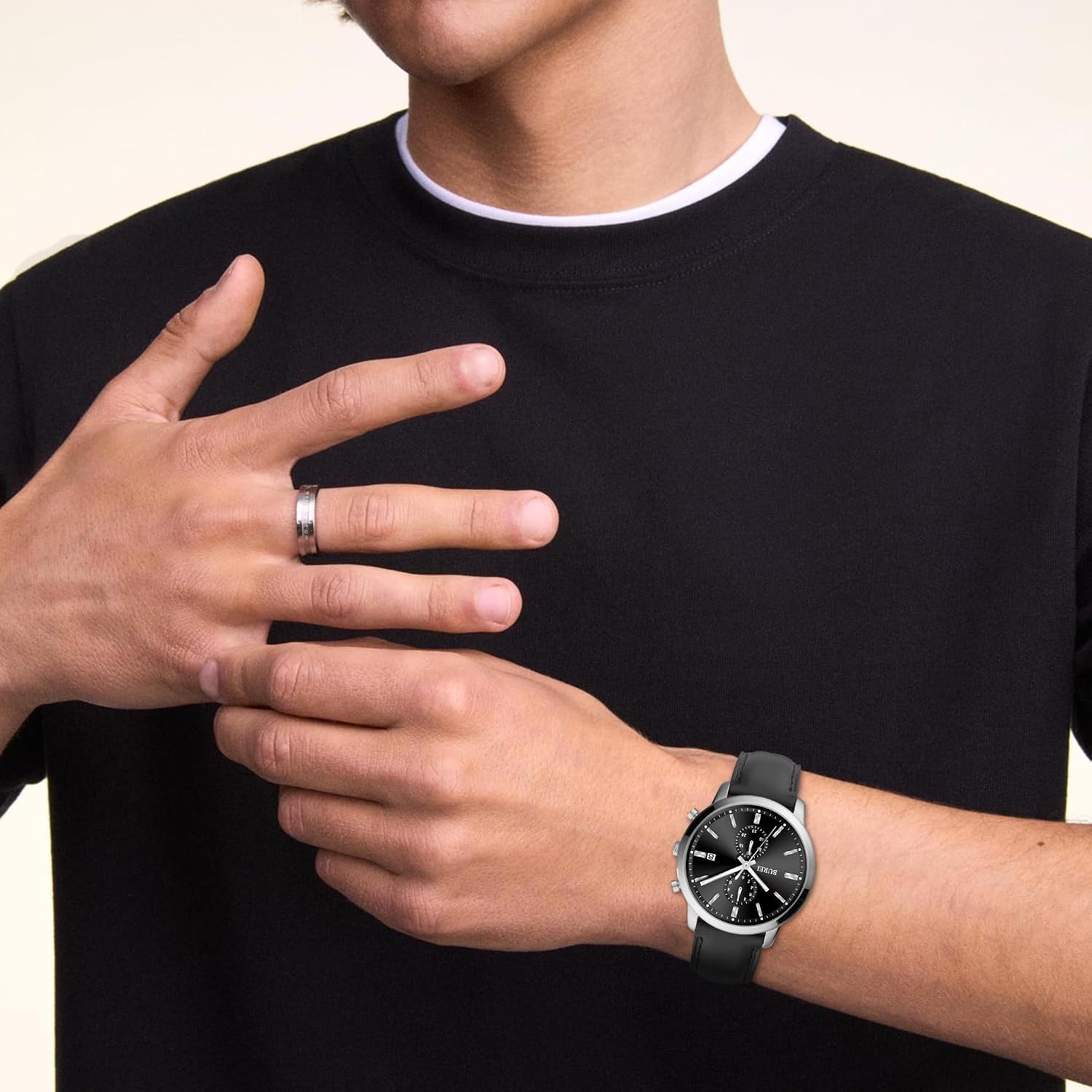 Thumbnail 4 de BUREI Herren Chronograph Uhr Blau Leder