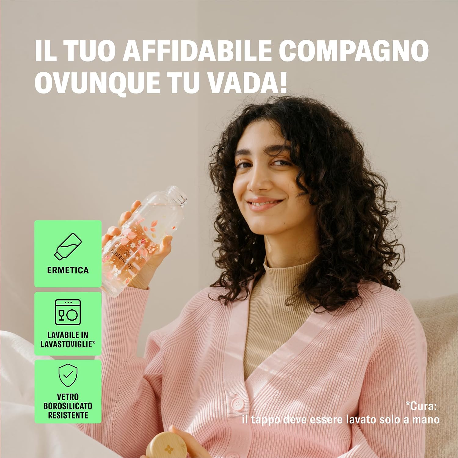 Detalle de waterdrop Borraccia in Vetro 600ml – design personalizzabile, tappo in bambù e custodietta in neoprene