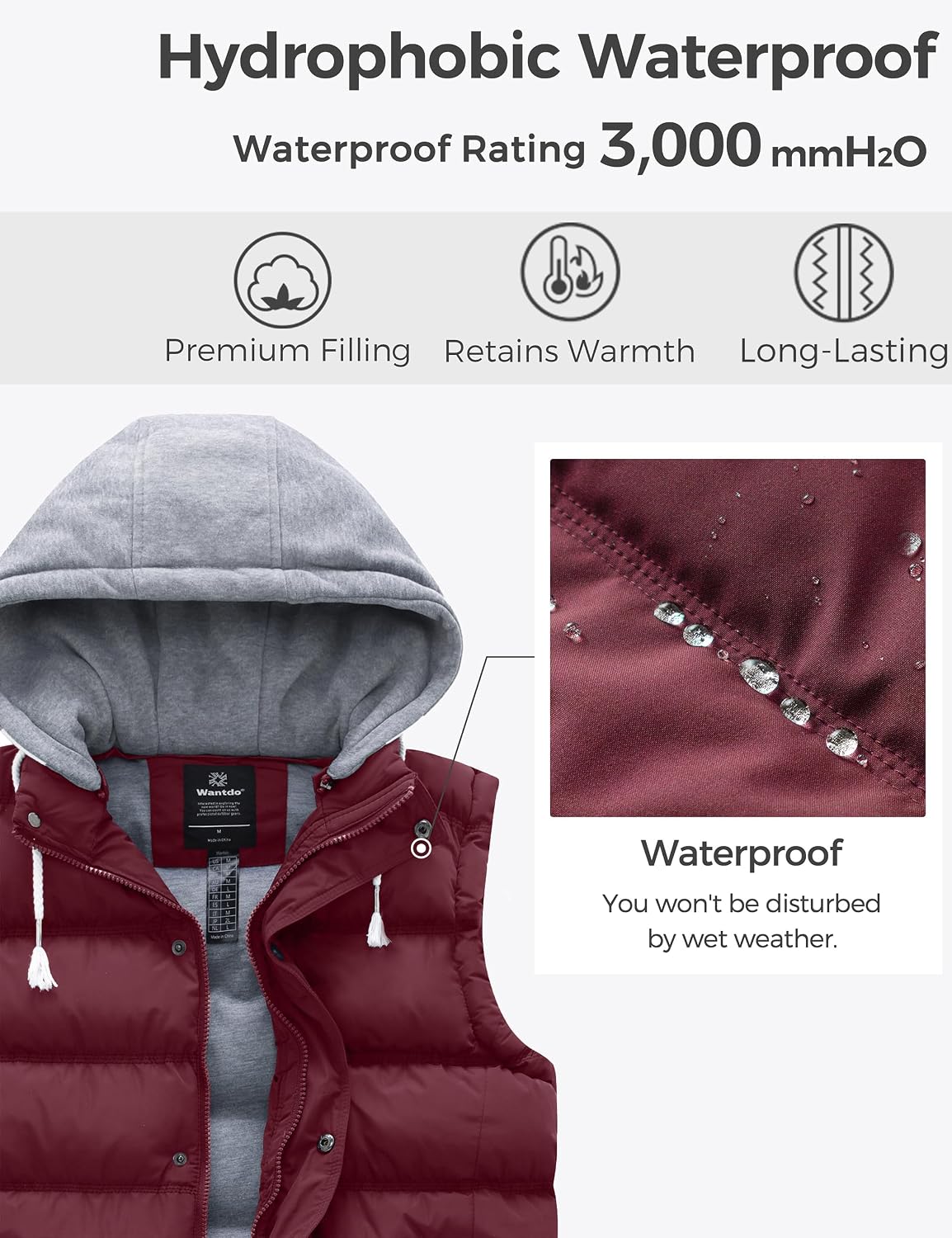 Detalle de Wantdo WT3520 Women’s Quilted Puffer Vest, Removable Hood, 3000 mm Waterproof Rating