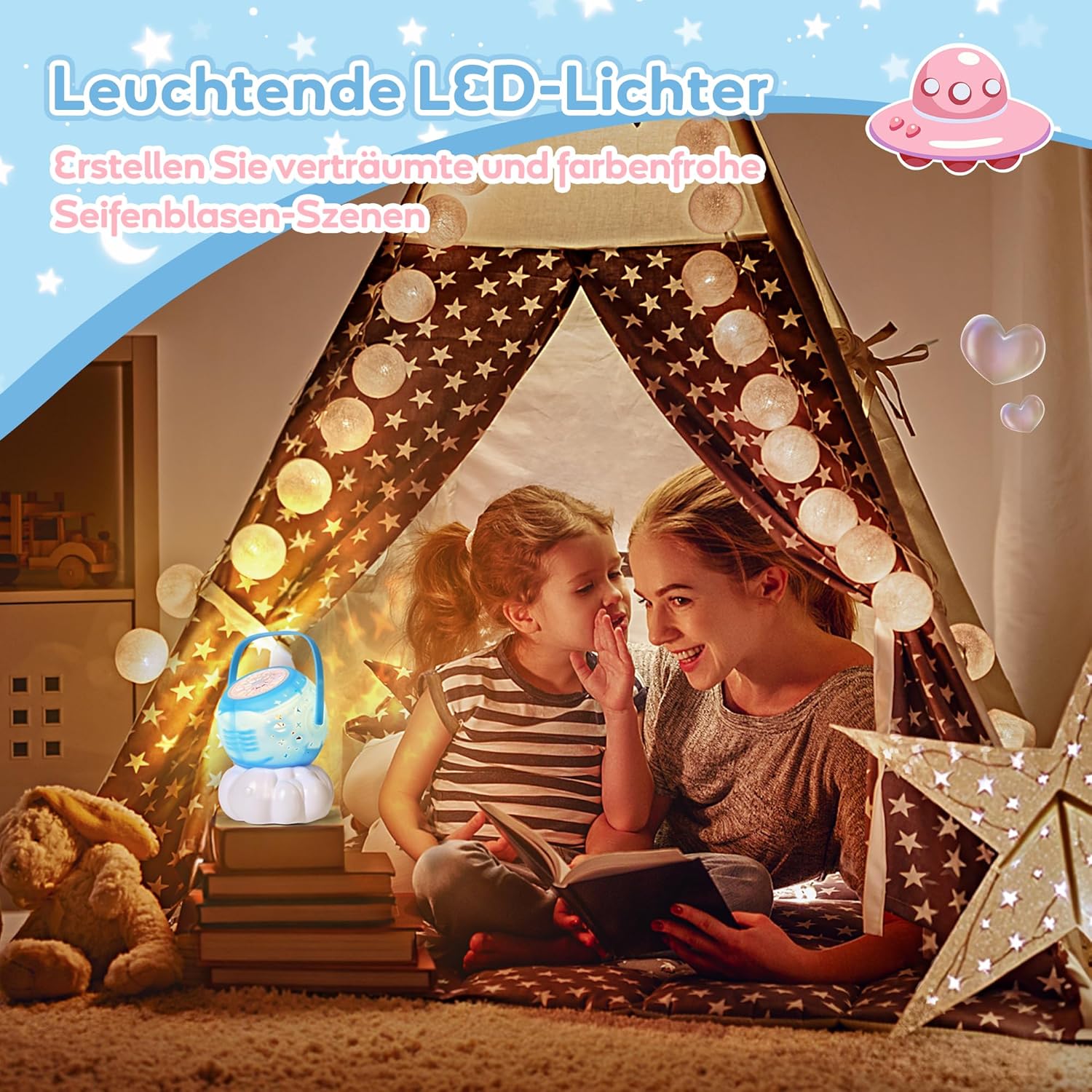 Detalle de cossy Seifenblasenmaschine – Automatisch, mit Lichtprojekt und wiederaufladbar (Blau)