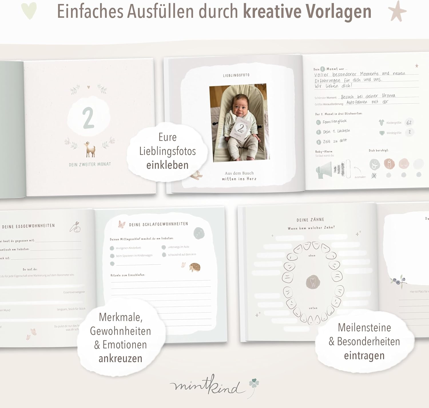 Thumbnail 4 de mintkind® „Mein erstes Jahr“ Babyalbum Pattern Rosa – sanftes Babytagebuch mit 176 Seiten & Sticker-Set im Hardcover