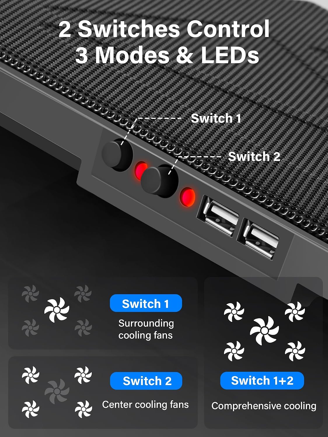 Detalle 2 de Kootek LCP05 Laptop Cooling Pad with 5 Fans, 6 Height Settings and USB Hub