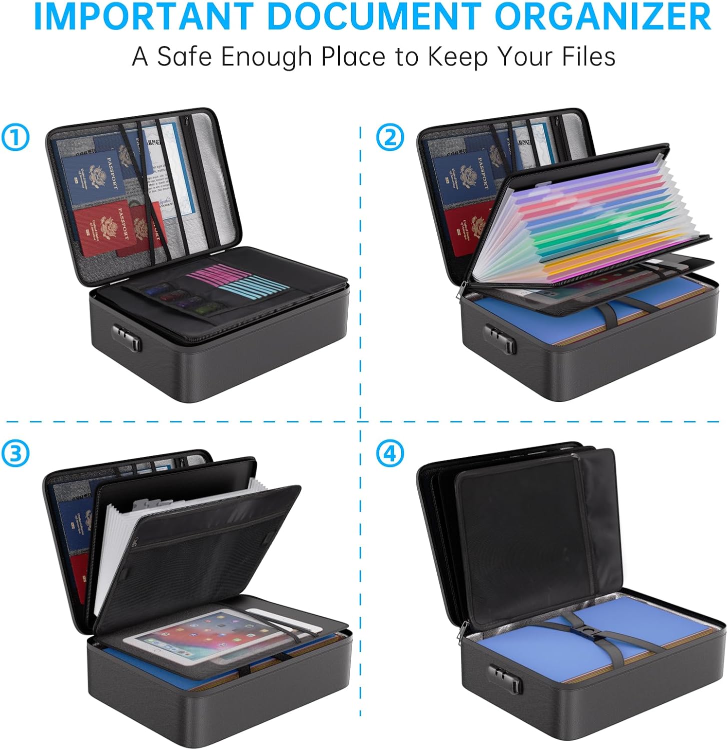 Detalle de Tamfile 5200℉ Fireproof Document Box with 13-Pocket Accordion Folder (15" x 11.2" x 4.3"), Lockable, Waterproof, Black
