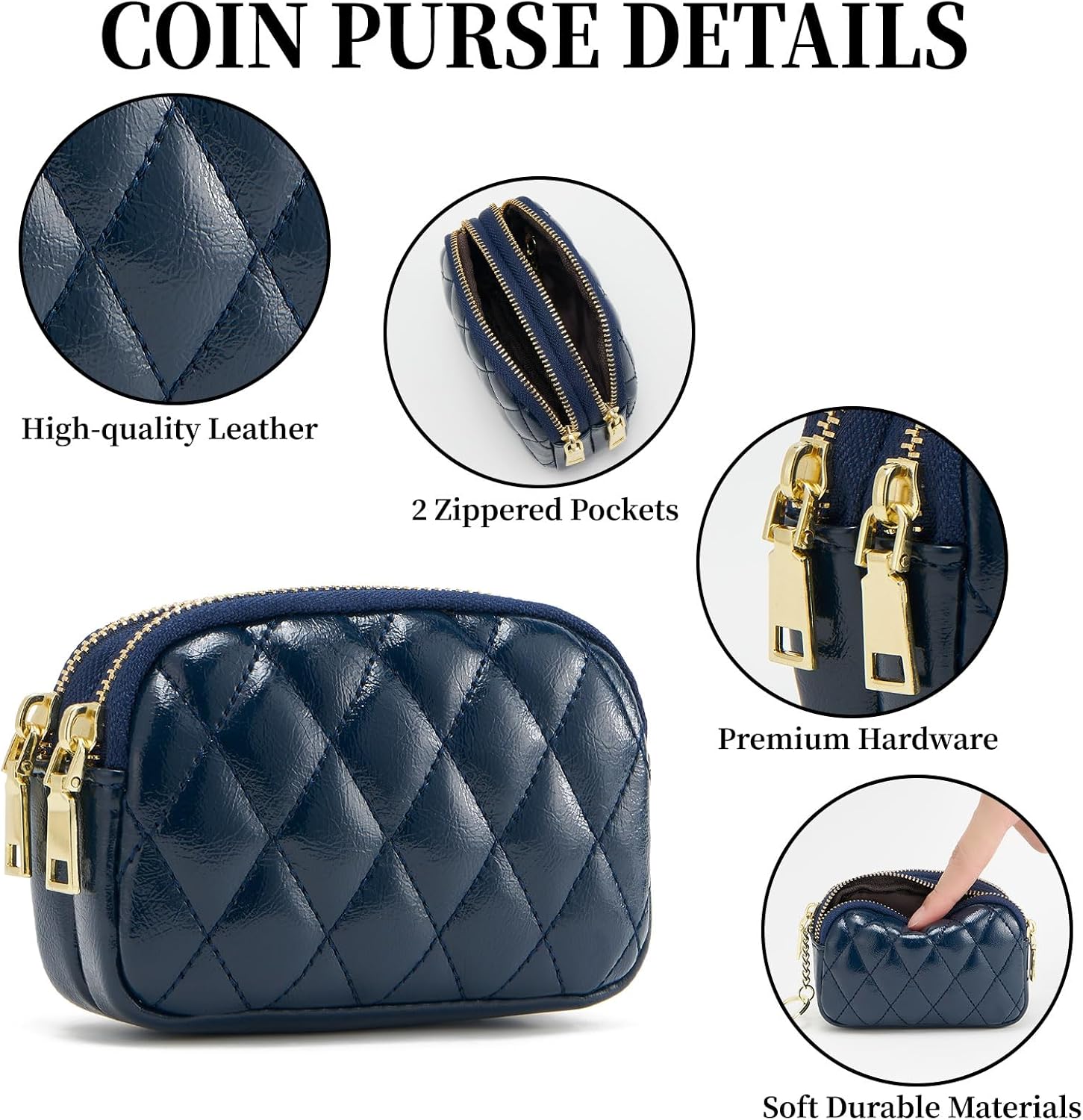Thumbnail 2 de QIUTIMY Women’s Small Purse: Quilted Blue Artificial Leather Coin Wallet with Double Zips