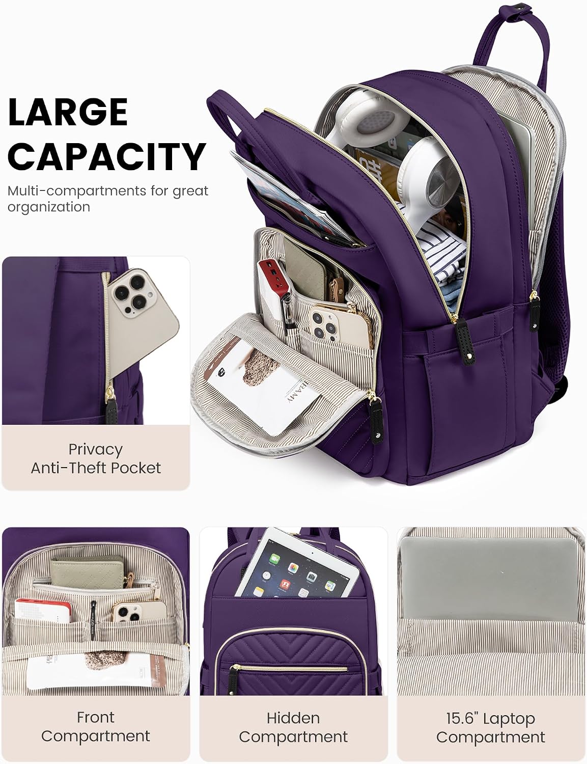 Detalle de LOVEVOOK Women’s Backpack for 15.6-inch Laptops (Purple) – Anti-theft Travel & Work Rucksack
