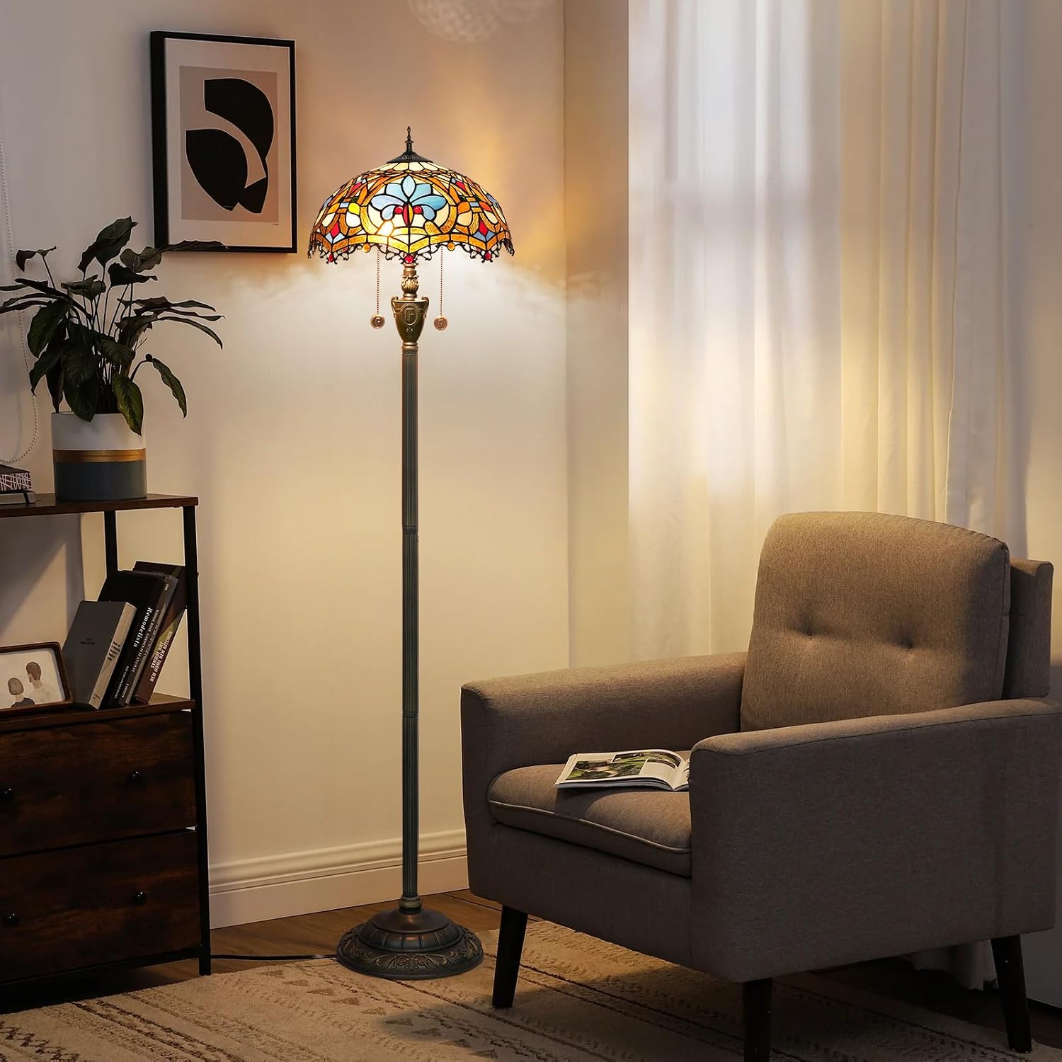 Detalle de Blivuself Tiffany Stehlampe – Buntglas, Vintage Bronze, E27 Doppel-Lichtquelle
