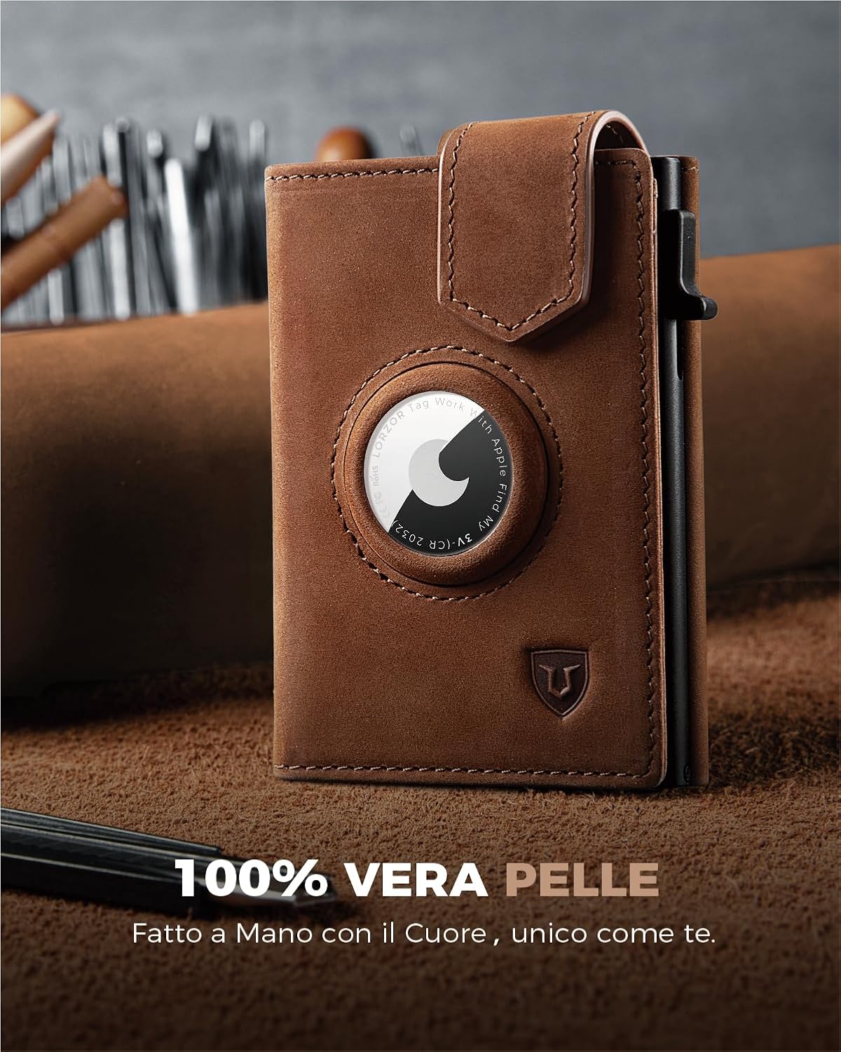 Detalle de LORZOR Portafoglio Slim da uomo con AirTag, portamonete e RFID, chiusura magnetica