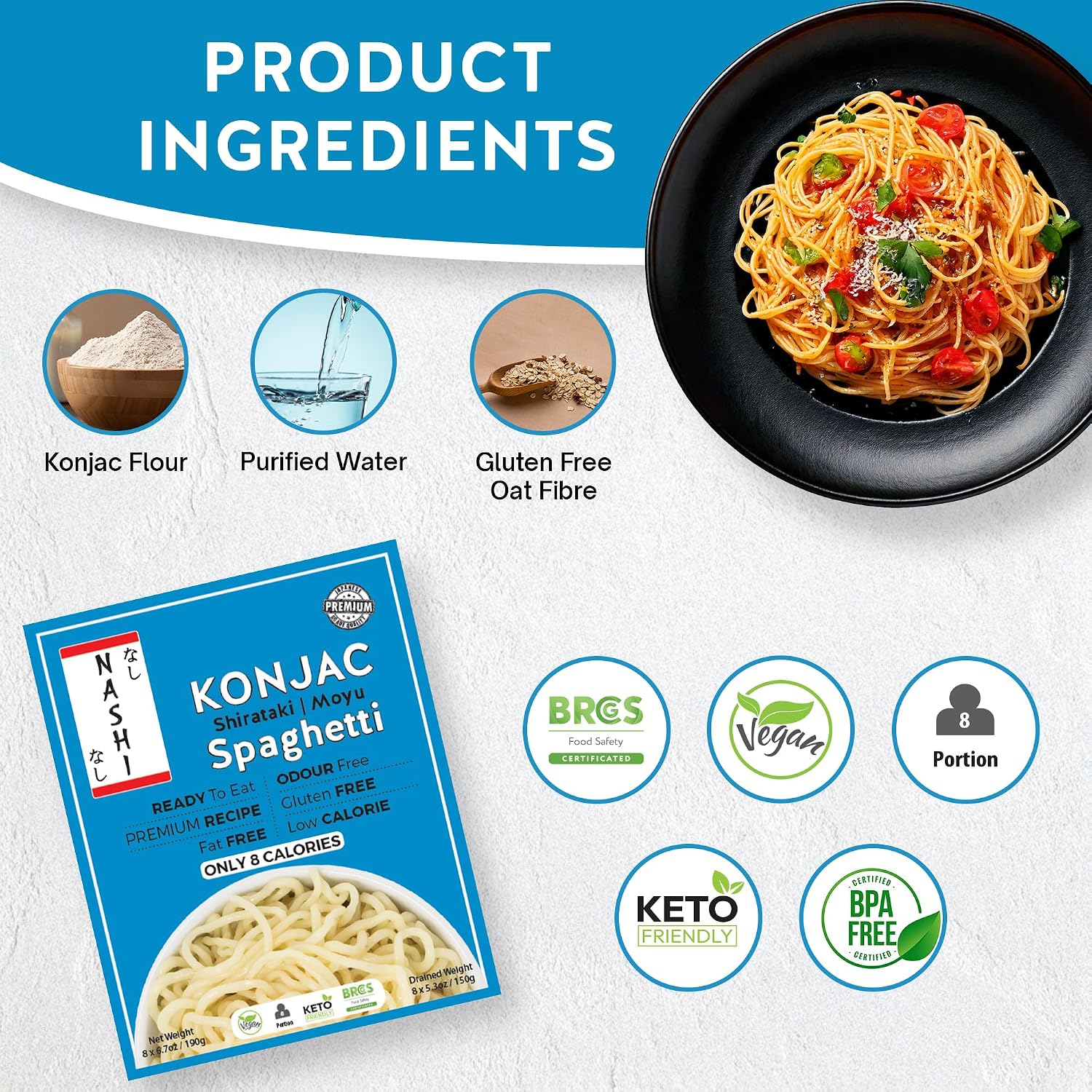 Detalle 2 de Nashi Shirataki Konjac Moyu Spaghetti – Keto-freundliche Spaghetti aus Konjac (8×190 g) von Keto Skinny
