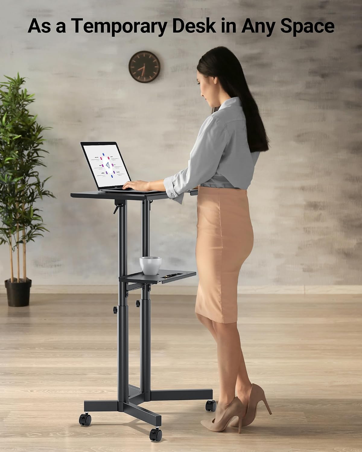 Thumbnail 5 de BONTEC Adjustable Mobile Laptop Desk with Wheels (60x40 cm) – Rolling Stand-Up Workstation