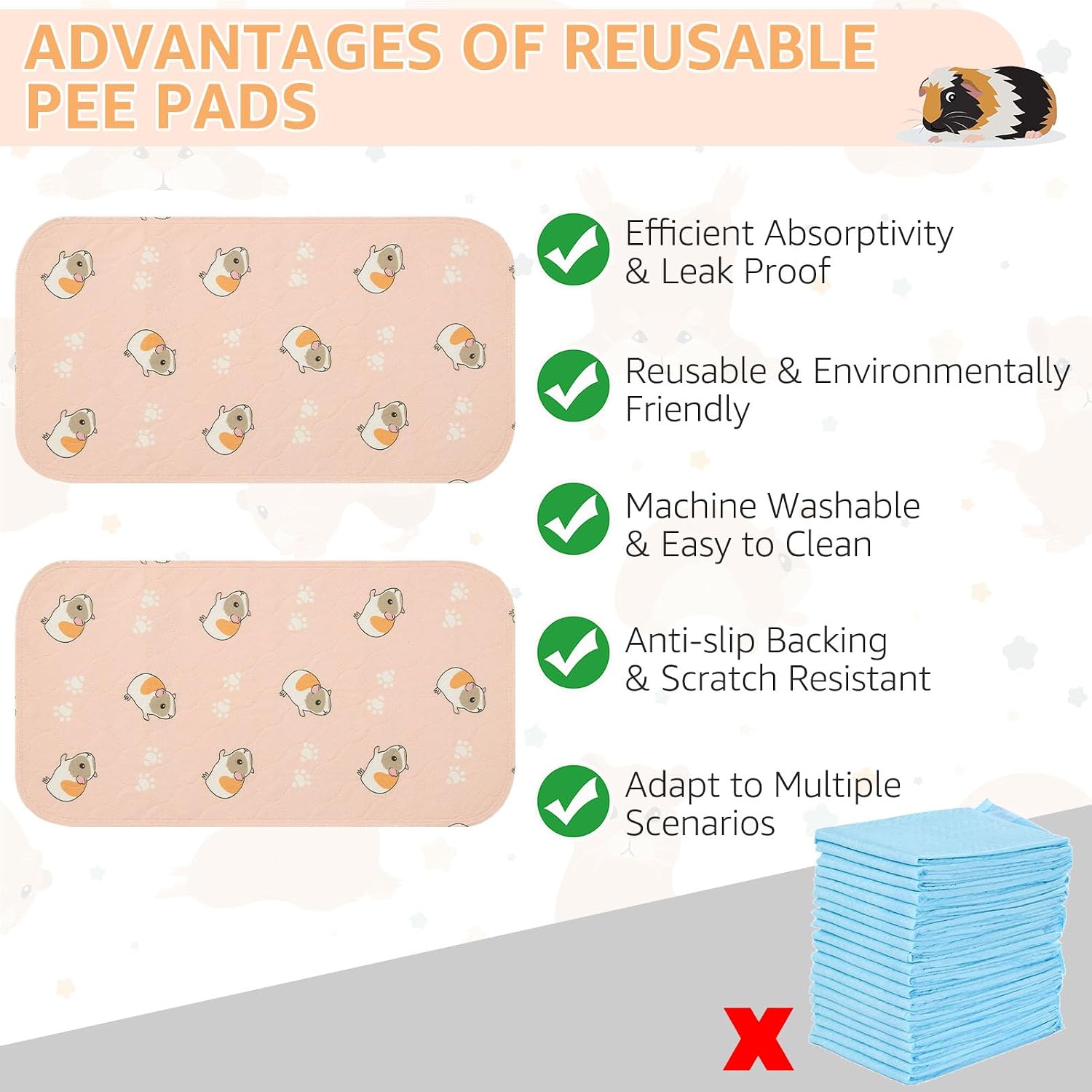 Detalle de Scenereal Guinea Pig Cage Liner 2 Packs with Cleaning Brush – Reusable 24x47in, Washable Pee Pads