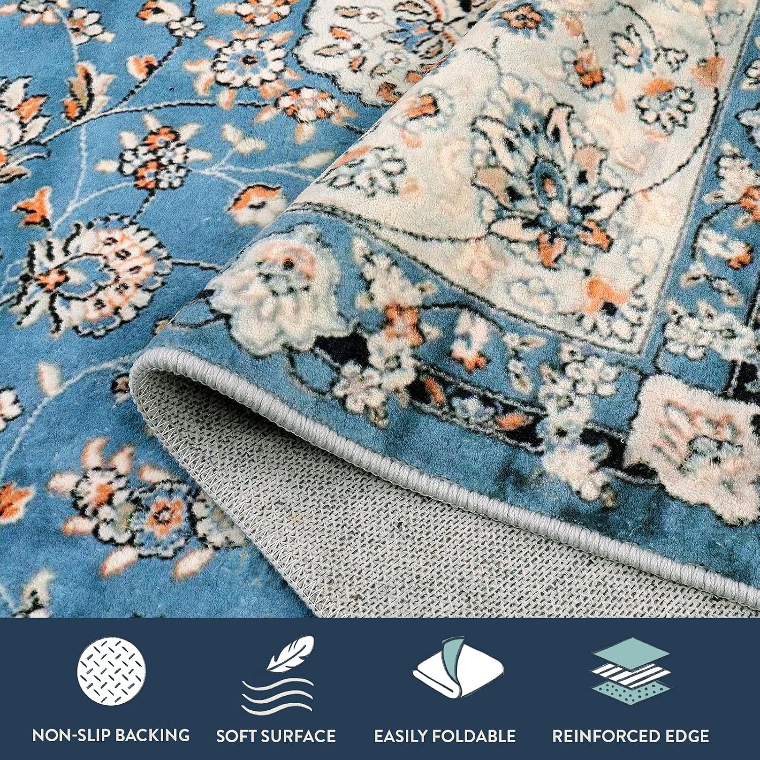 Detalle 2 de Lahome Felice Oriental Floral Medallion Runner Rug, Blue Low-Pile Faux Wool