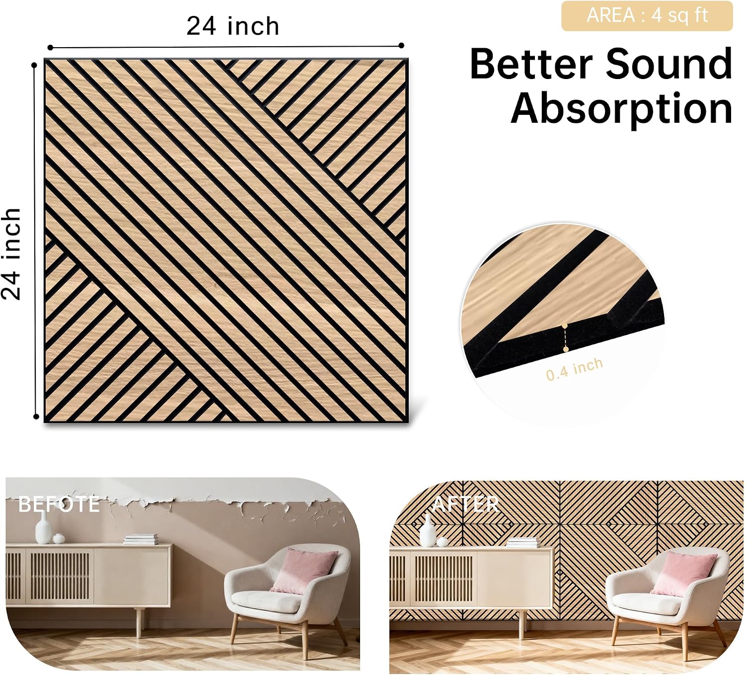 Detalle de Mollywell Acoustic Wall Panels, Natural Oak, 8 Pack, 23.6 x 23.6 in