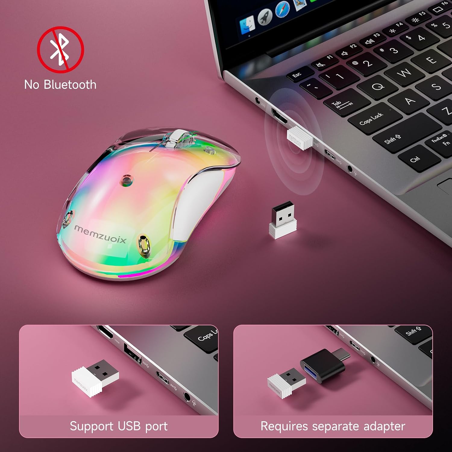 Thumbnail 4 de memzuoix LED Wireless Mouse (Rechargeable 2.4G, 1400 DPI) – Pink