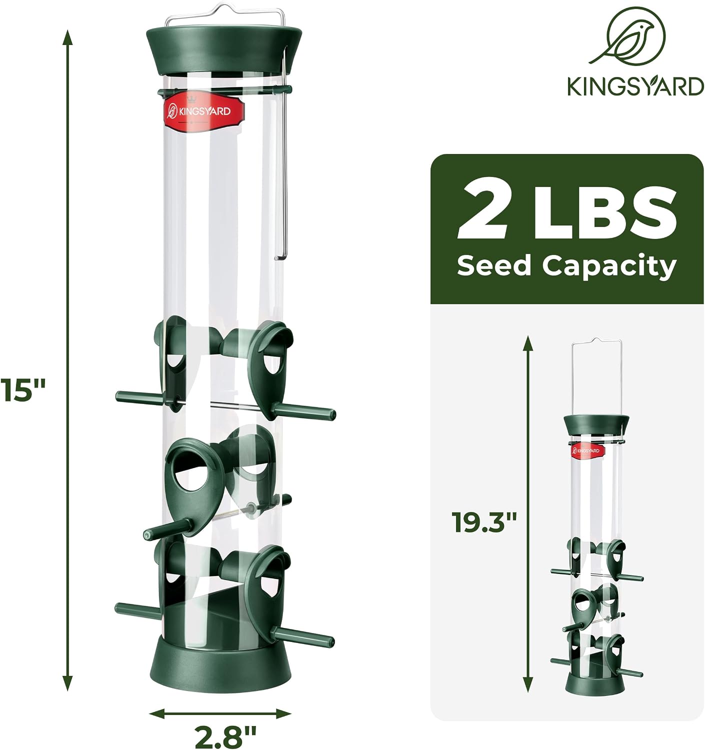 Thumbnail 4 de Kingsyard 2 Pack Tube Bird Feeder for Outdoors – 6 Ports, Removable Base & Easy-Clean Design (Green)