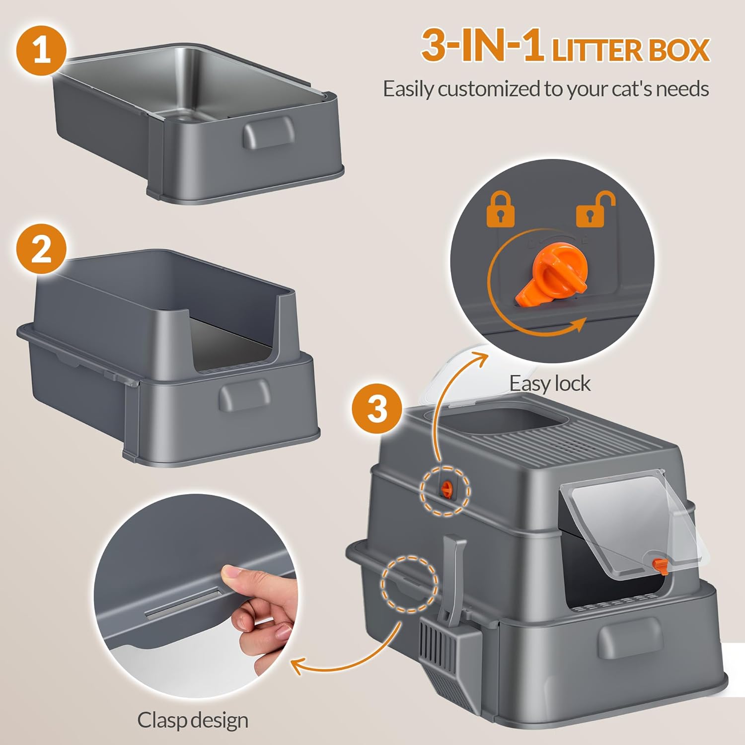 Thumbnail 6 de Lettiera in acciaio inox Fobyfurny con cassetto e coperchio – XXL 65L x 44I x 40H cm