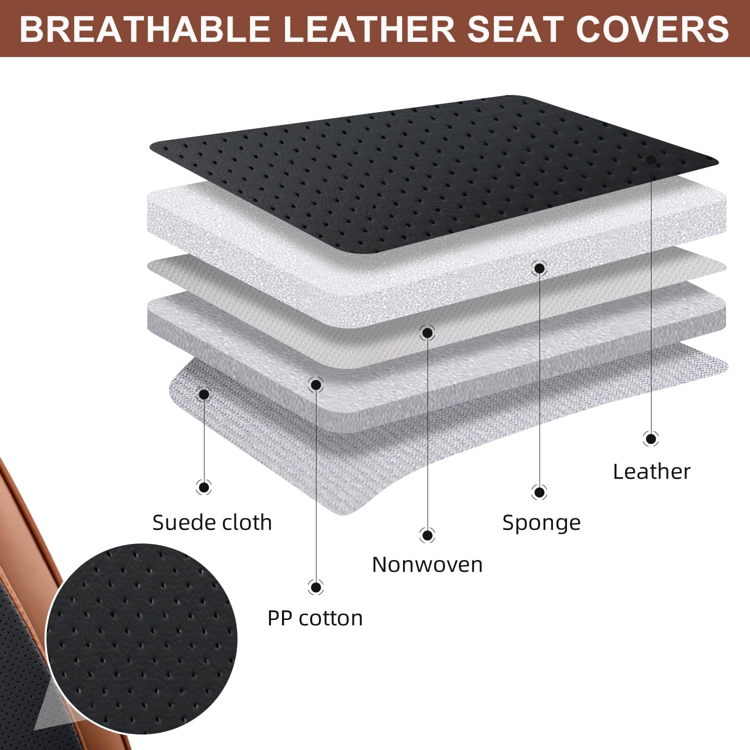 Thumbnail 6 de Car Seat Covers Full Set — Breathable Leather Front & Rear Seat Covers in Brown & Black