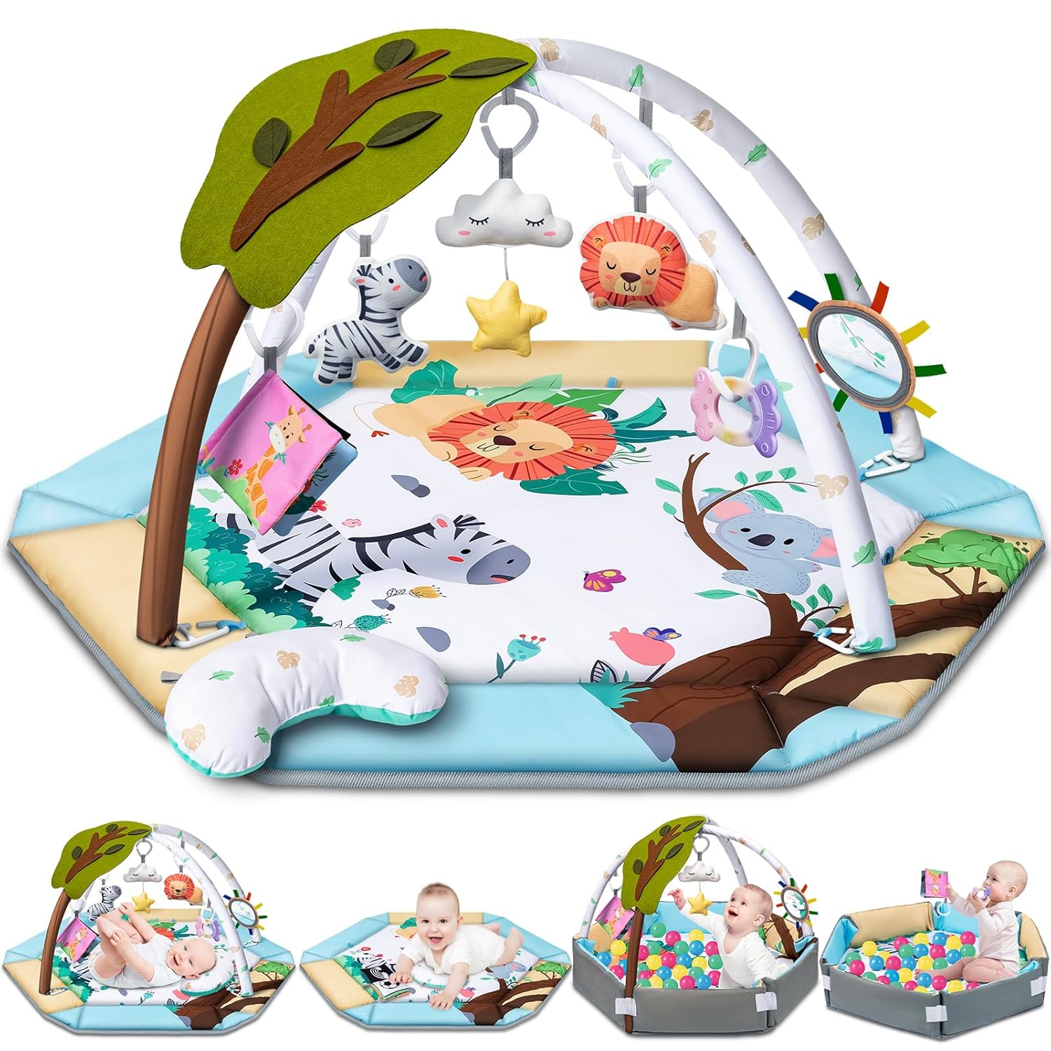 Detalle de Jyusmile 8-in-1 Baby Gym Play Mat with 6 Toys, Washable, Forest Theme