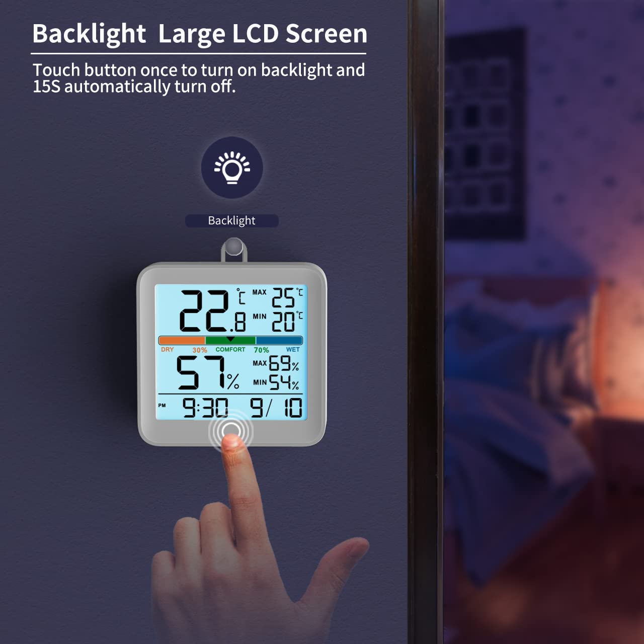 Thumbnail 1 de NOKLEAD Igrometro Termometro per interni con registrazioni MAX/MIN, touch LCD e orologio retroilluminato