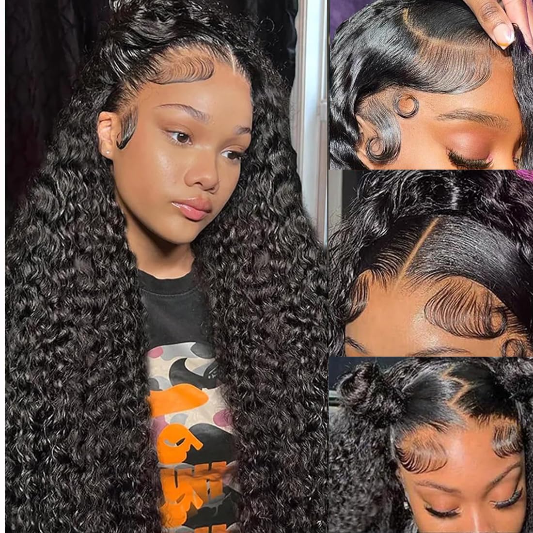 Detalle de TONHONK 24 Inch Deep Wave Lace Front Wig (13x6 HD Lace, 200% Density) – Glueless Curly Human Hair Look