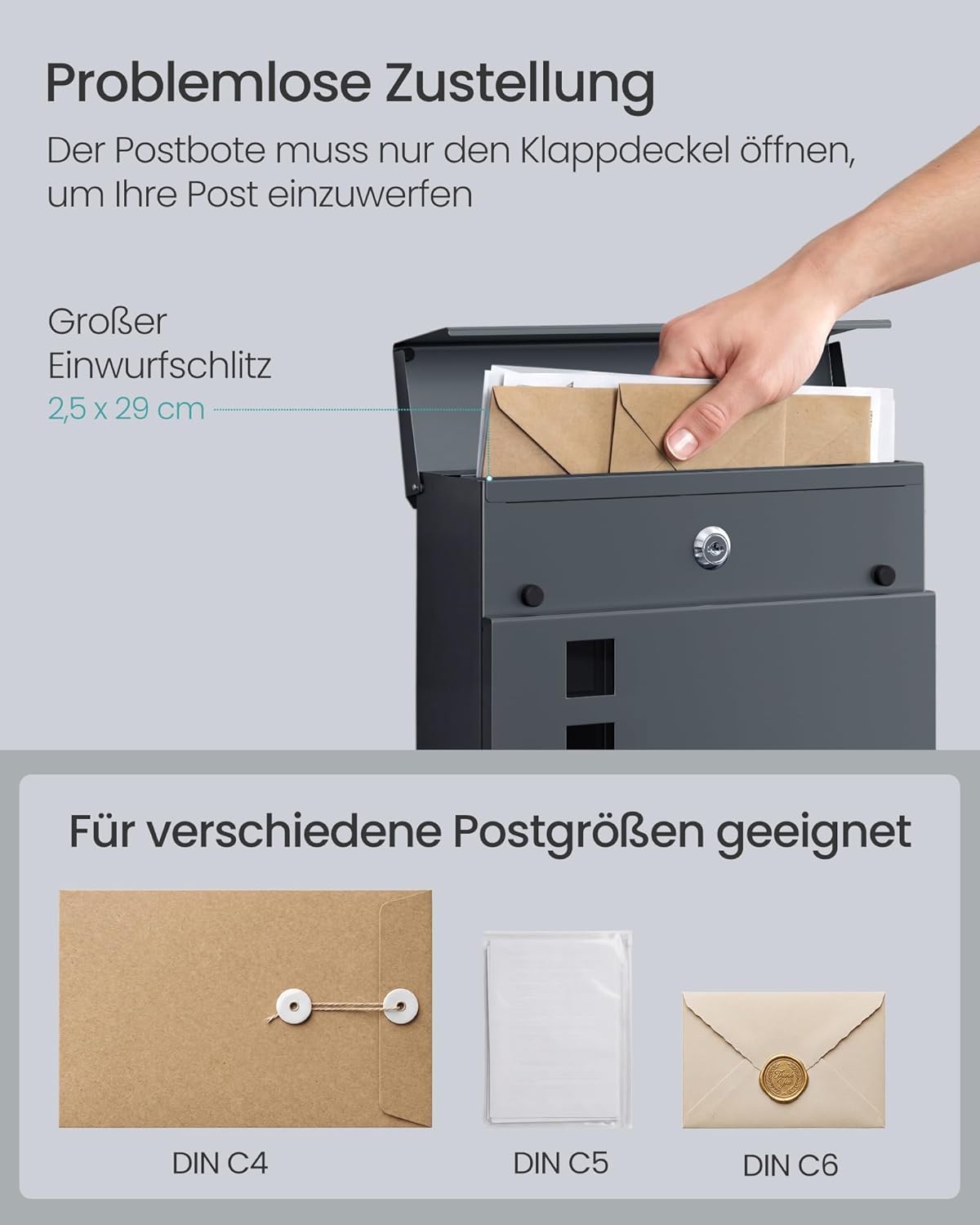 Detalle de SONGMICS XL Briefkasten mit Zeitungsfach, Sichtfenster und Schloss – anthrazit, 9,5 x 29 x 31 cm