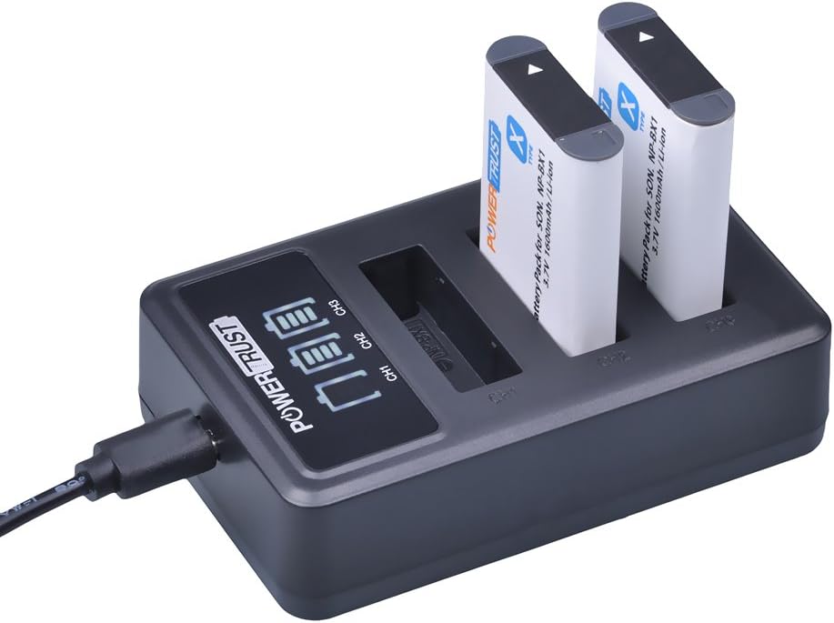Detalle de PowerTrus NP-BX1 Ladegerät mit 4x Akkus und LED-Anzeige – USB-Ladegerät mit 3 Slots