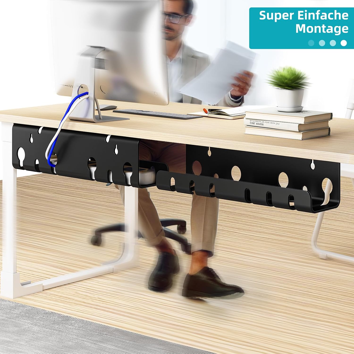 Detalle de StowBin Canalina per cavi da scrivania – set da 2, organizer in acciaio inox con accessori, gestione cavi nera