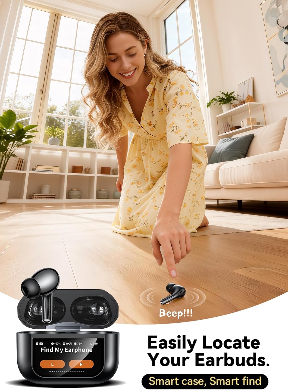 Detalle de ZZU Wireless Earbuds with Smart Touchscreen Case – Bluetooth 5.4, ENC Calls, ANC Noise Cancellation and 48-Hour Battery