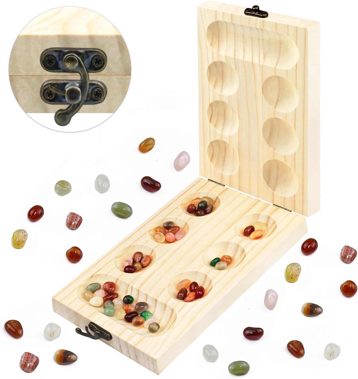 Detalle de Mancala Steinchenspiel (Kalaha/Hus/Bao) aus verdicktem Naturholz mit bunten Steinen & Aufbewahrungsbeutel