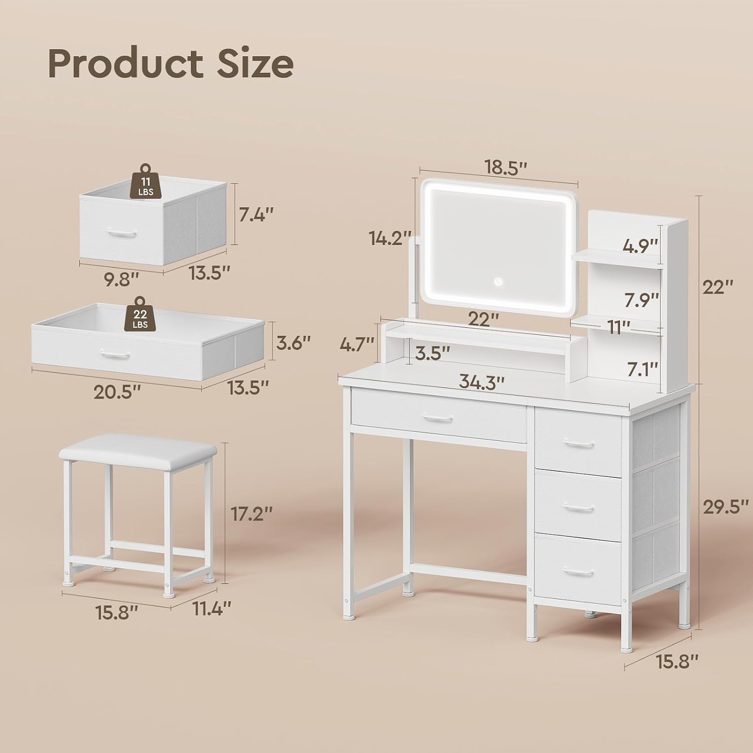 Detalle 2 de YeTom MAKEUP_VANITY Vanity Desk with LED Mirror, 4 Fabric Drawers and Adjustable Brightness