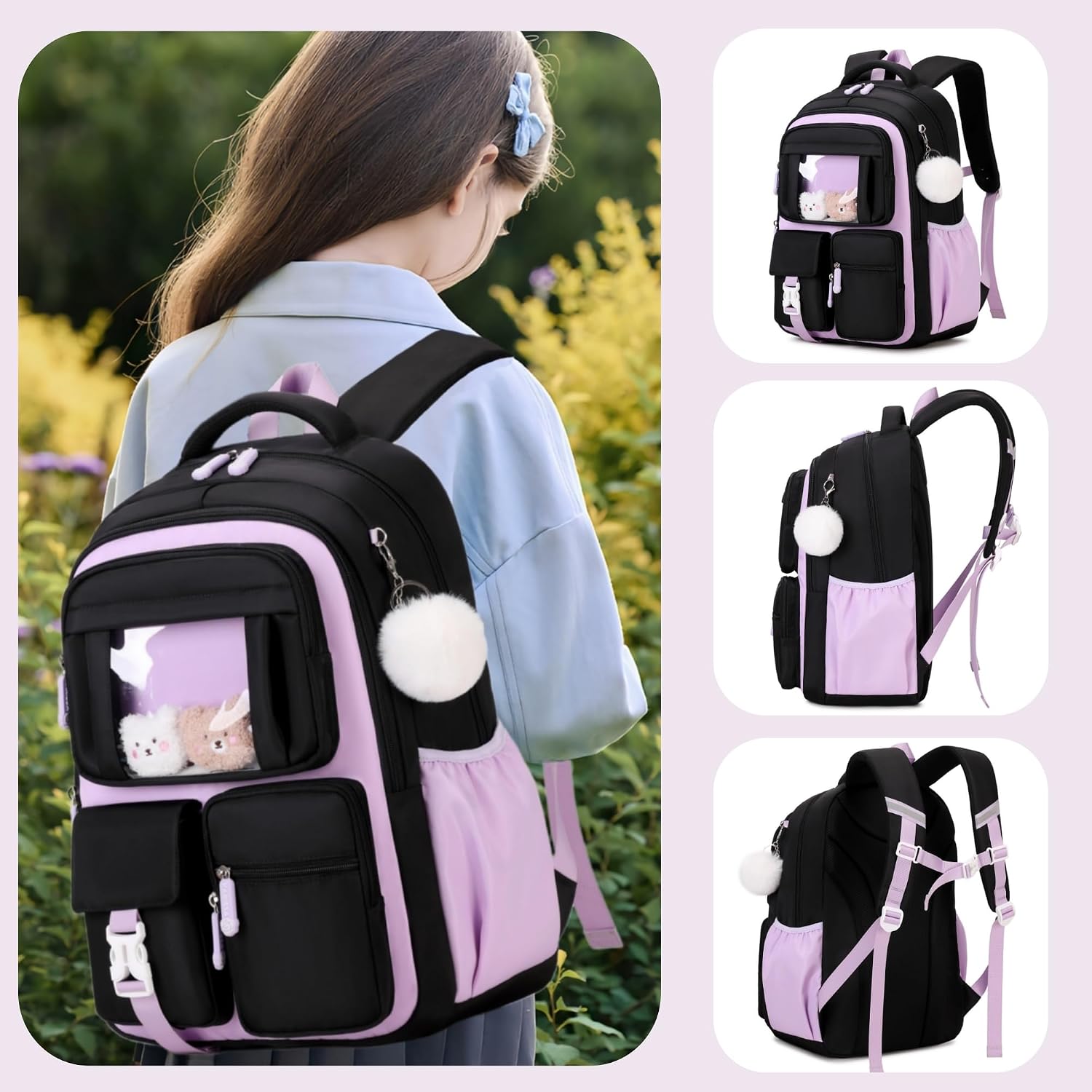 Detalle 2 de Bansusu Kawaii Girls Backpack for Kids – 26L School Daypack (B552-Black+Pink)