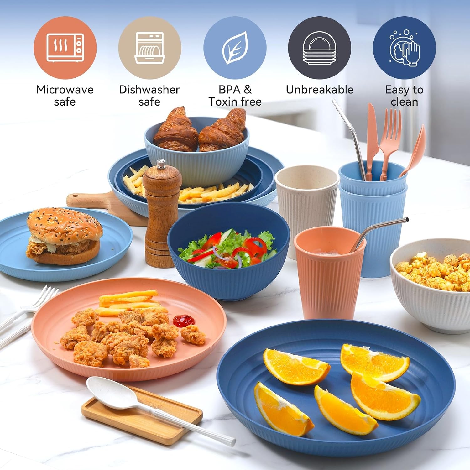 Detalle de Wheat Straw Dinnerware Sets, 64-Piece Unbreakable BPA-Free Plastic Kitchen Set for 8