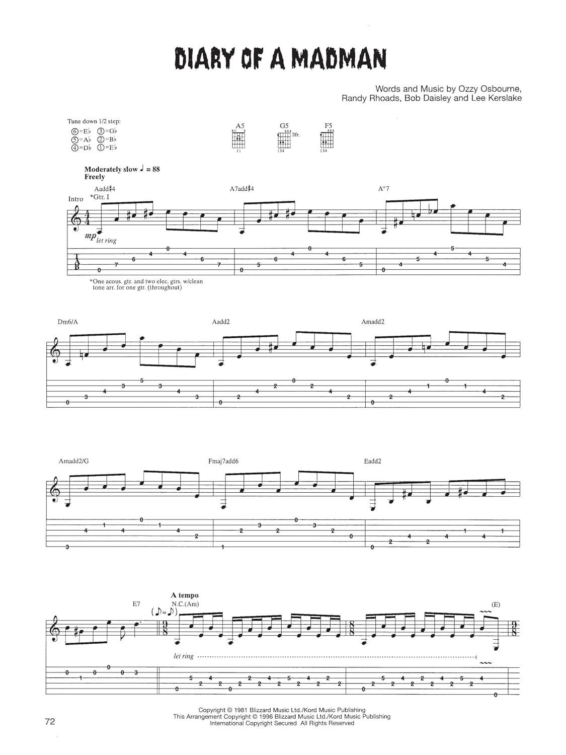 Detalle 1 de Ozzy Osbourne Diary of a Madman Guitar Tablature Songbook for Electric Guitar