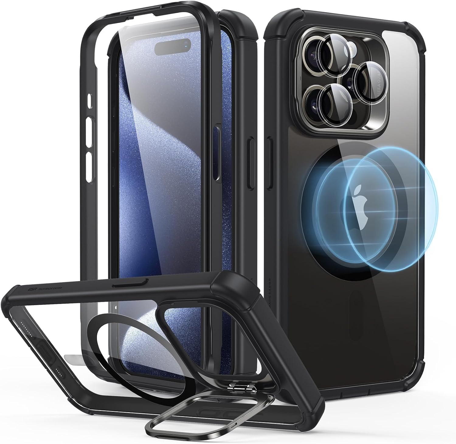 Detalle de ESR Armor Series iPhone 14 Pro Max Case with Stand + Built-In Tempered Glass Screen Protector (MagSafe Compatible) — Clear Black