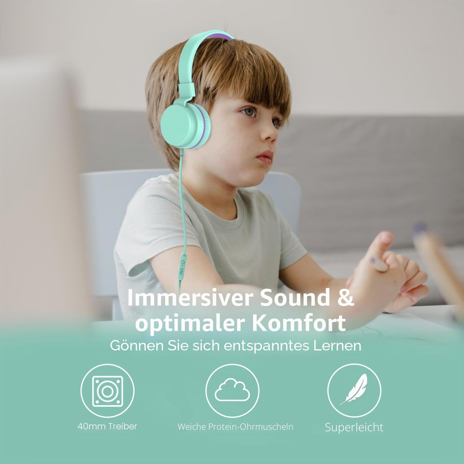Detalle de YOYOTUNE Kinder-Kopfhörer: kabelgebundene On-Ear-Kopfhörer mit Mikrofon, 3,5 mm, faltbar