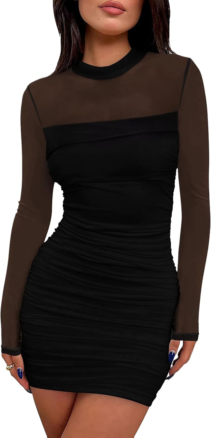Detalle de WIHOLL Women's Mesh Sheer Long-Sleeve Ruched Bodycon Mini Dress
