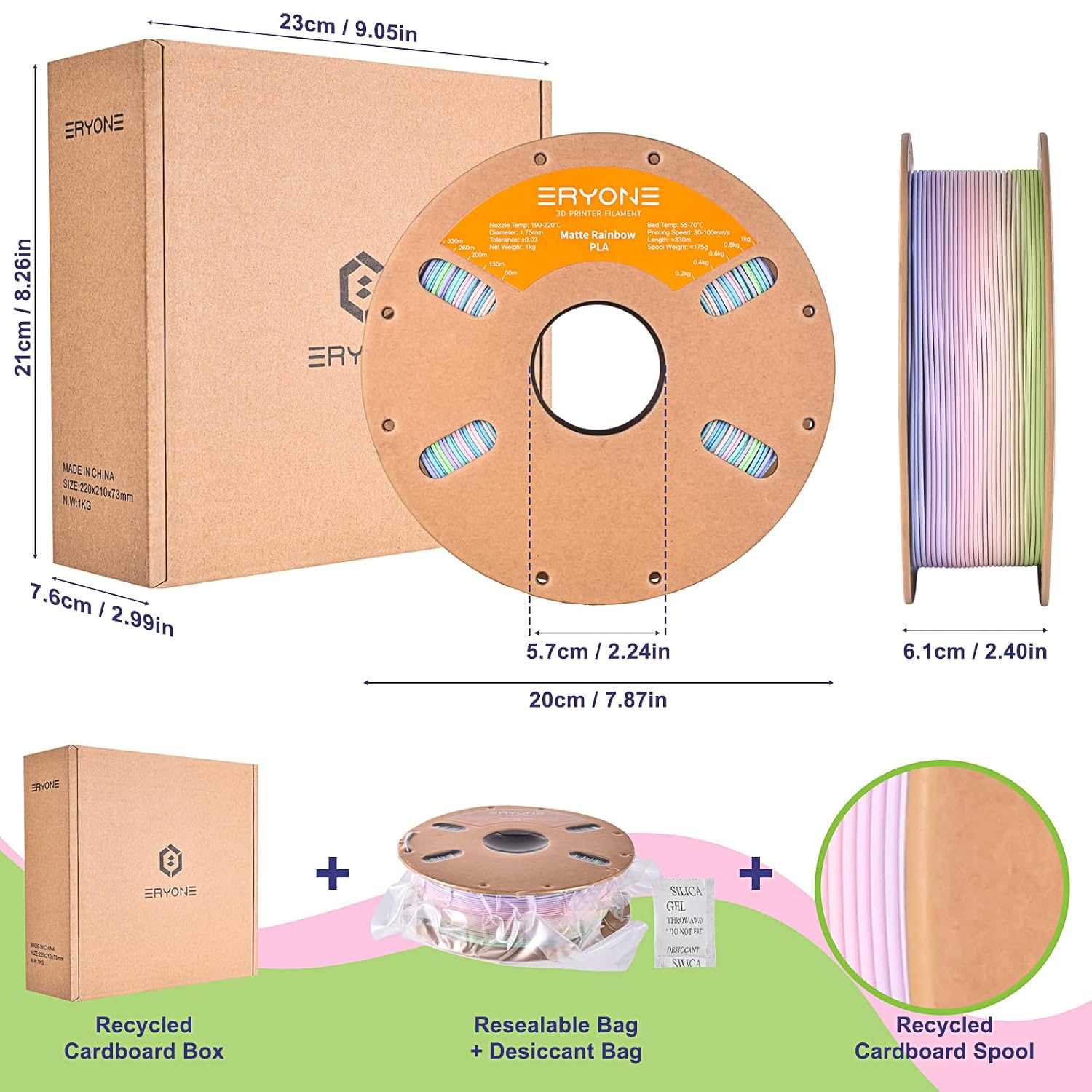 Detalle 2 de ERYONE Matte PLA Filament 1.75mm (Rainbow Watercolor, 1kg spool) for FDM 3D printing