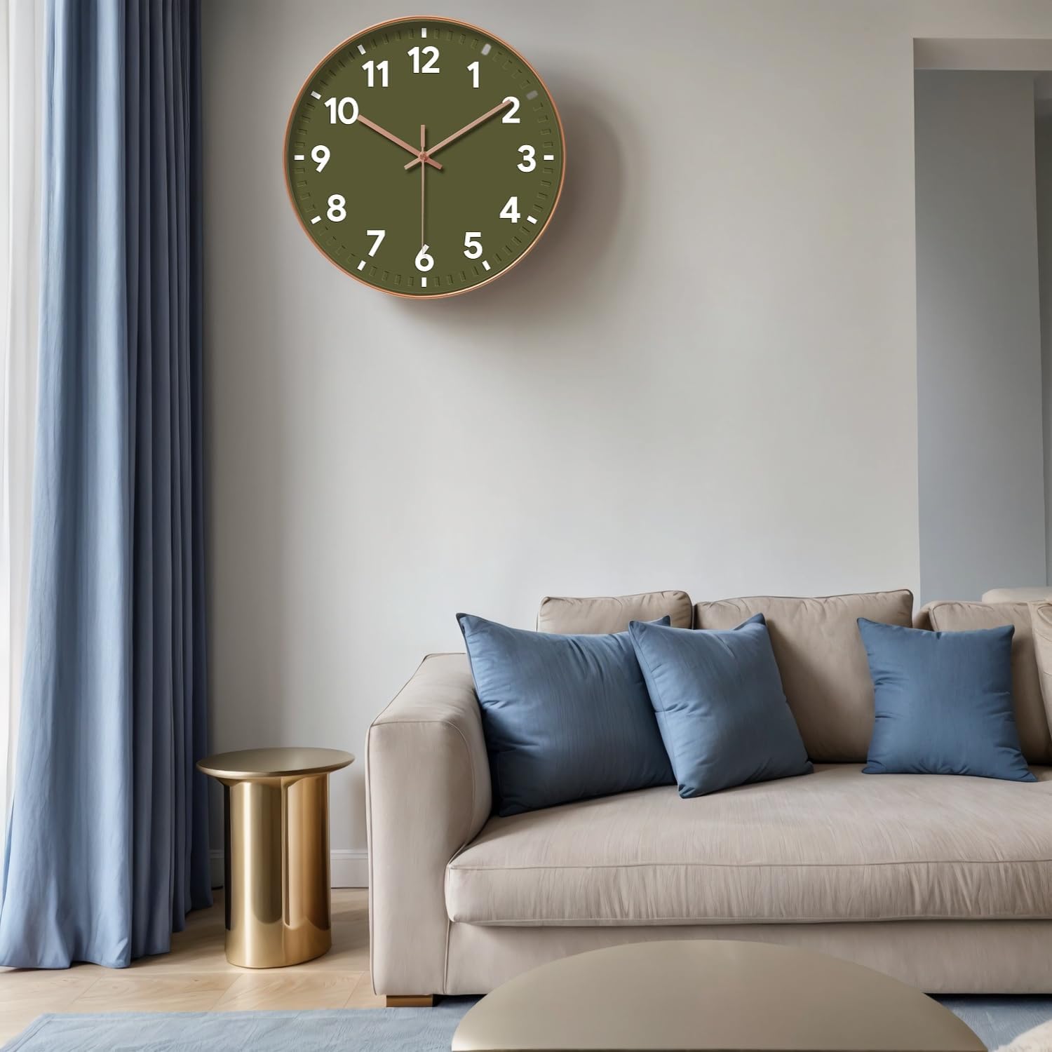 Detalle 2 de COMTEX Minimally Modern Olive Green Wall Clock (12 inch) – Quiet Quartz Living Room Clock