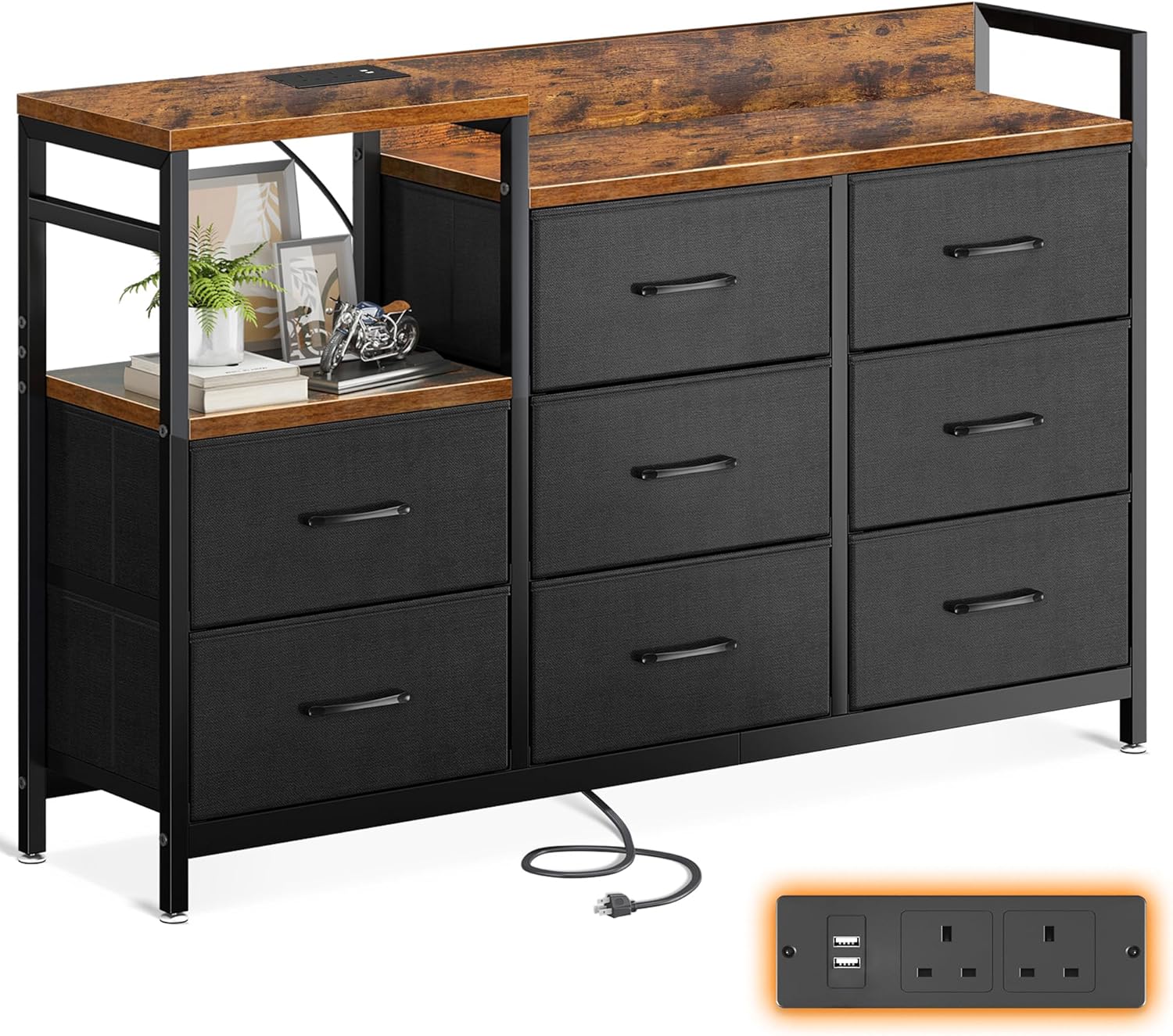 ODK Chest of Drawers with 8 Fabric Drawers and 2 USB Ports