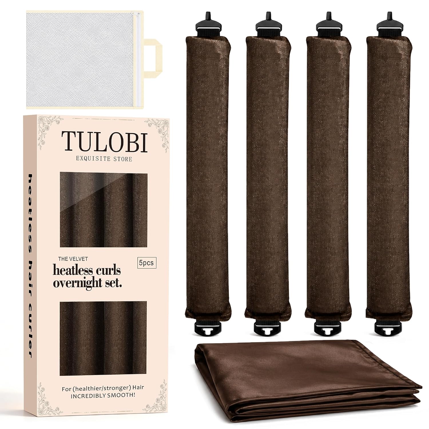Detalle de TULOBI Jumbo Velvet Heatless Curling Rods with Satin Scarf and Mesh Bag