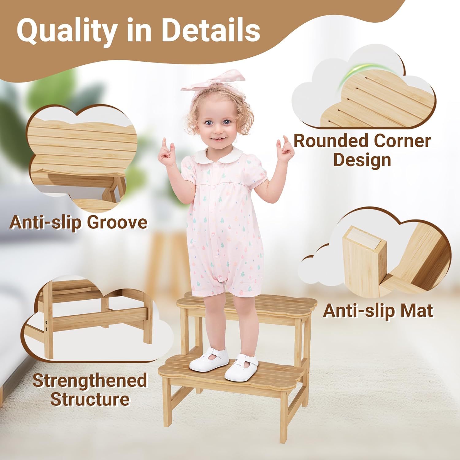 Detalle de COSYLAND Kids Step Stool – Wooden Two-Step Stool (Natural) with 300 lb Capacity