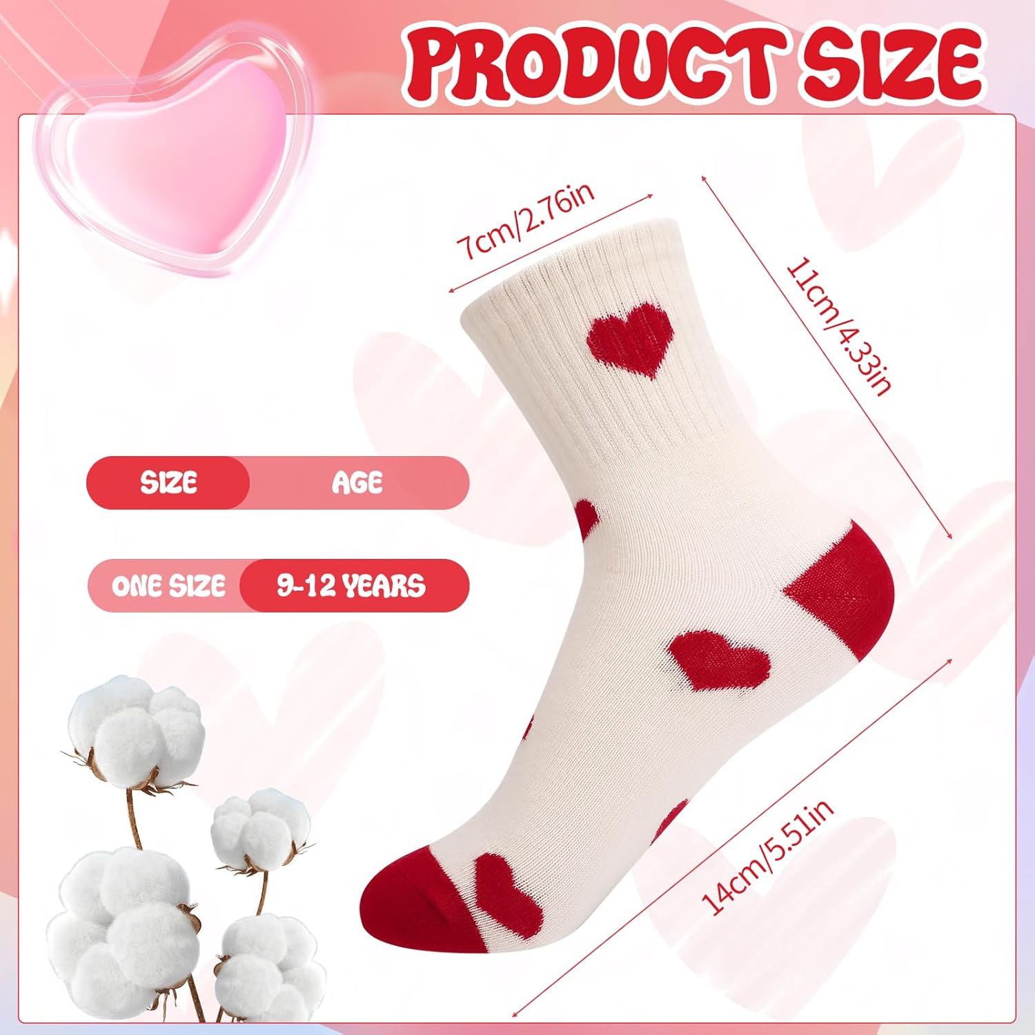 Thumbnail 3 de Zuimei 5 Pairs Girls Cotton Crew Socks with Heart Pattern – 9-12 Years